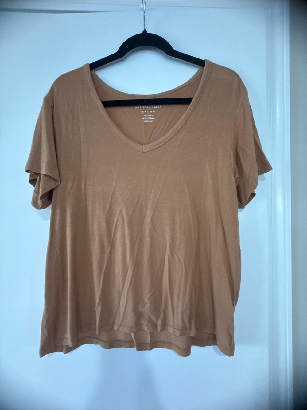 American Eagle Outfitters V-Neck Short Sleeve Tee in Camel Brown